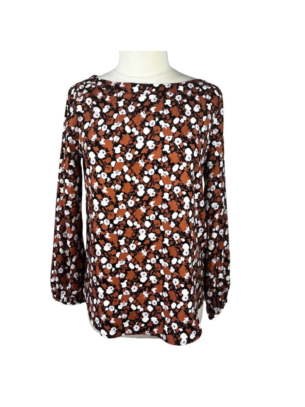 Essentials Floral Print Long Sleeve Blouse Cuffs Relaxed Fit Medium Brown New